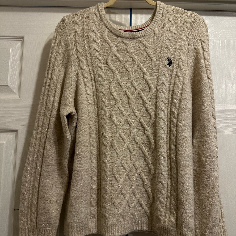 Beige Sparkly Cable Knit Sweater